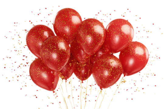 festive red balloons cluster with golden confetti decoration isolated on white or transparent png