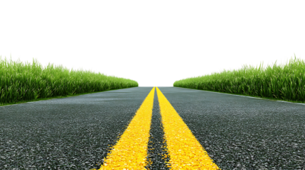 Road with yellow lines and green grass isolated on transparent background