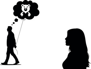 Man walking while thinking of a teddy bear woman observing