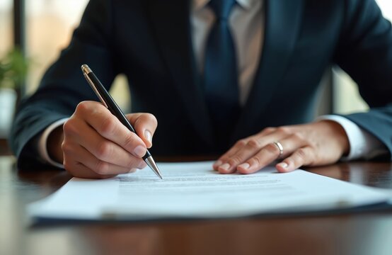 Man signs official paper document with pen on desk. Businessman in suit fills contract form. Process involves signing business agreement papers, initializing legal confirmation. Paperwork concept