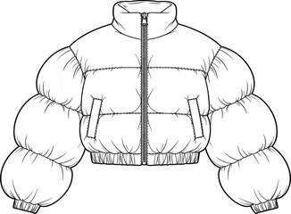 Cropped puffer jacket technical flat sketch vector, exaggerated oversized silhouette, padded coat with zipper and high collar, outerwear apparel design template © Sume