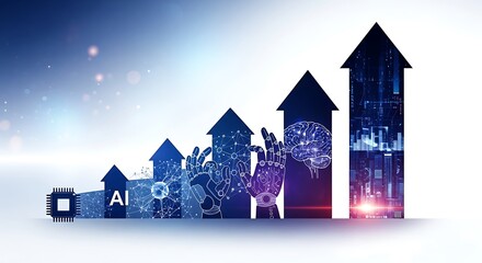 Artificial intelligence growth shown with ascending arrows and digital technology elements