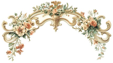 Ornate architectural swag featuring detailed floral arrangements atop a gilded scrollwork frame