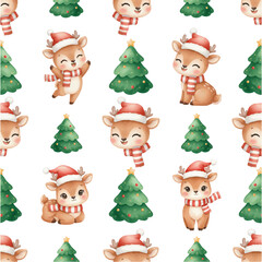 Cute Christmas Reindeer Pattern with Watercolor Trees – Seamless Holiday Design