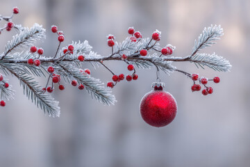 Frost-covered evergreen branch adorned with vibrant red berries and a sparkling red ornament ball against a soft wintery blurred background for festive decoration