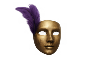 Golden masquerade mask with purple feather on a transparent background, representing carnival, mystery and anonymity