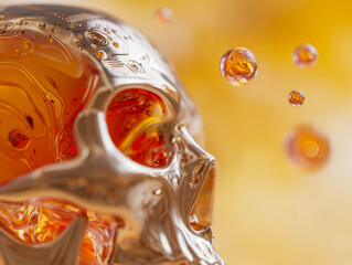 Metallic skull with intricate circuit patterns filled with glowing amber liquid and floating droplets against a soft warm golden background