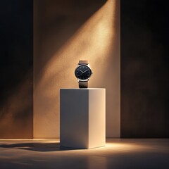 A refined white pedestal displaying a watch under cinematic-style lighting with controlled highlights and moody shadows.