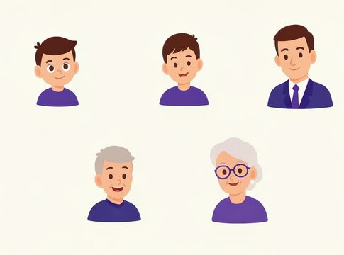 Animated 2D cartoon characters of different ages blinking and slightly moving their heads. Perfect for explainer videos, advertising, video editing, and compositing projects.