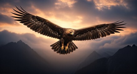 Fototapeta premium Majestic Golden Eagle Soaring Above Mountains at Sunset.