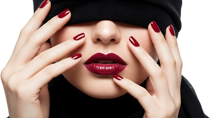 Woman with dark red lipstick and nails covered eyes