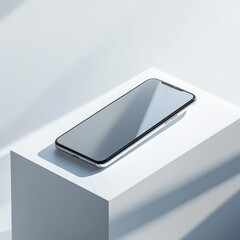 A sleek borderless smartphone presented on a refined white riser, illuminated by precise studio lighting.