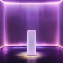 A sleek white pedestal illuminated by cinematic overhead lighting combined with soft purple ambient light.