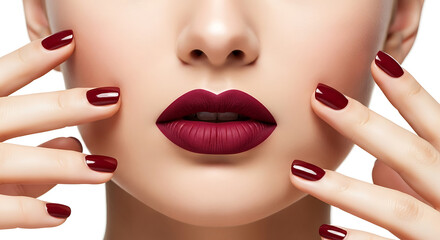 Woman with dark red lipstick and matching nails mouth 3