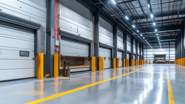 Warehouse interior with loading docks and yellow safety barriers.