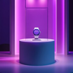 A sleek white watch pedestal placed in an ultra-clean studio with strong premium lighting in purple hues.