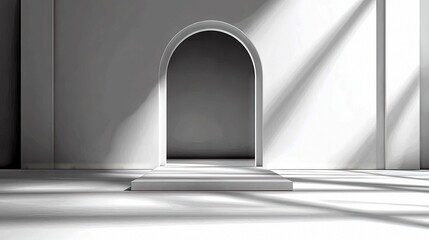 A minimalist architectural scene featuring a rounded archway, a raised rectangular pedestal in the foreground, and dramatic diagonal light and shadow patterns c