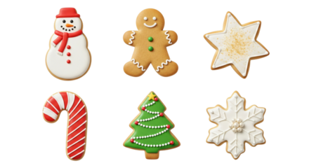 Festive christmas cookies assortment snowman, gingerbread man, star, candy cane, christmas tree, and snowflake, isolated on transparent background