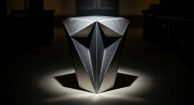 Futuristic silver diamond shaped podium illuminated low key spotlight dark presentation stage