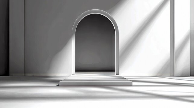 A minimalist architectural scene featuring a rounded archway, a raised rectangular pedestal in the foreground, and dramatic diagonal light and shadow patterns c