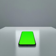 A smartphone placed precisely in the center of a pristine white table, its bright green screen illuminated evenly.