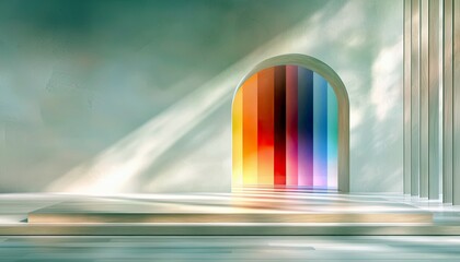An architectural archway filled with vertical stripes of rainbow colors, illuminated by dramatic sunbeams casting shadows on a wooden stage and textured wall.