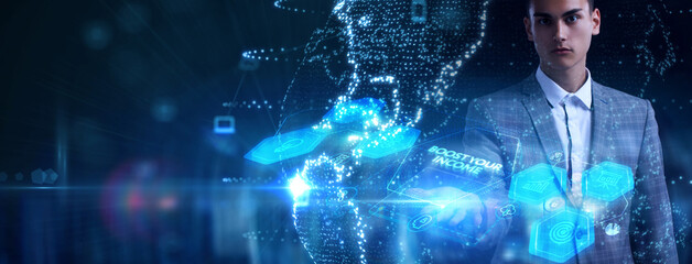 Boost Your Income financial motivation phrase and money. Business, technology concept.