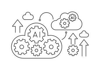 Cloud AI Developing Concepts Outline Illustration for Artificial Intelligence Cloud Computing Technology and Data Center Network System, Cyber Security Service. Engineering Automation Gear Innovation.