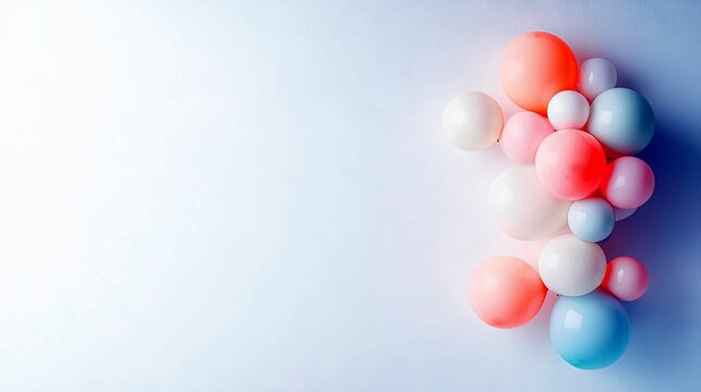A collection of round balloons in various pastel colors including pink, coral, white, and light blue, clustered together on a clean white surface. The lighting