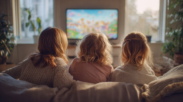 Three young children with curly hair sitting closely on a cozy sofa in a warmly lit living room enjoying a colorful animated movie on television during daytime