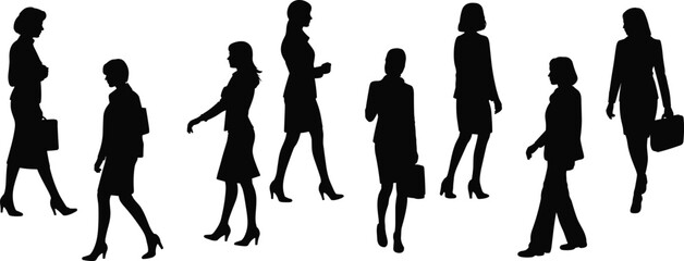 Silhouetted businesswomen walking in various poses, professional female figures, corporate women isolated, modern office workers illustration
