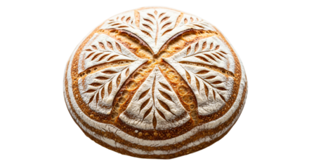 Artisan sourdough bread loaf with intricate scoring pattern, freshly baked and golden brown, isolated on transparent background