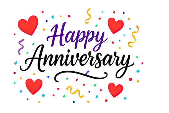 Colorful happy anniversary greeting with hearts confetti streamers and festive decorations on black background for romantic celebration card design illustration art