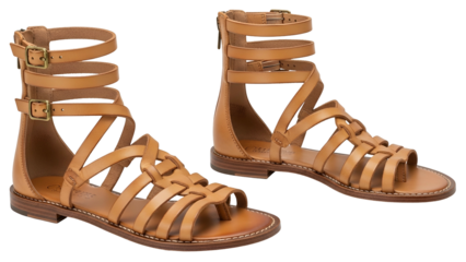Two tan leather gladiator sandals with multiple straps, buckles, and a rear zipper
