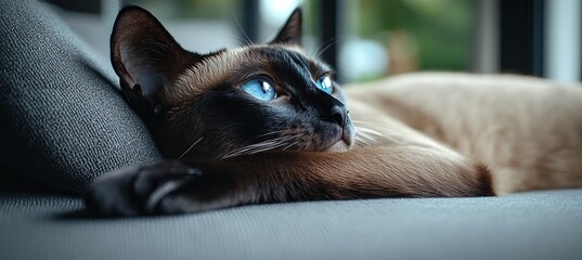 Stunning Balinese Cat with Striking Bright Blue Eyes and Elegant Posture in a Relaxed Setting