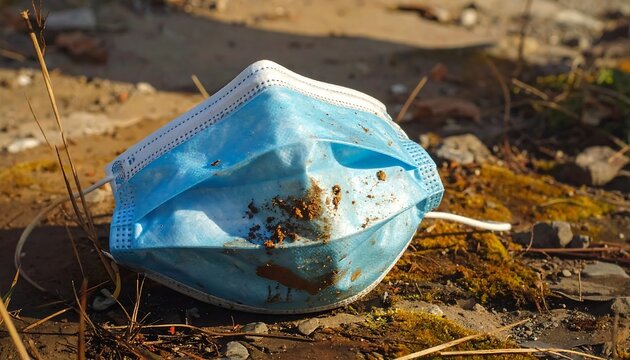 Discarded face mask on the ground represents pandemic pollution and waste