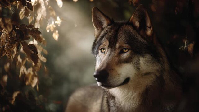 wolf in misty autumn forest stands alert, soft rays of light filter through amber leaves, close-up of textured fur and attentive gaze, surrounding fog and tree