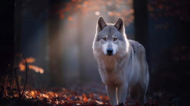 wolf in misty autumn forest stands alert, soft rays of light filter through amber leaves, close-up of textured fur and attentive gaze, surrounding fog and tree