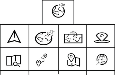 A collection of nine bold black and white outline icons related to navigation, mapping, and travel, including symbols for GPS tracking, route planning, Earth/globe with airplane and pushpin, location.