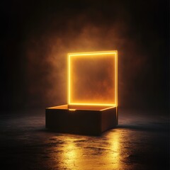 An empty open luxury box in a dark studio filled with cyberpunk gold neon reflections and faint atmospheric haze.