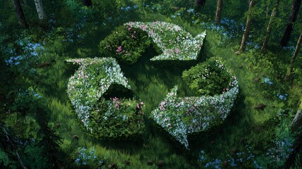 illustration from a high angle, looking down on a well-manicured garden. A circular path is shaped like the recycling symbol, with the three arrows formed by different types of flowers and herbs, 
