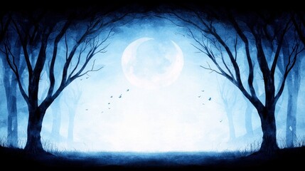 Silhouetted bare trees with intricate branches frame a large, luminous full moon in a hazy, blue-toned night sky. A flock of small birds flies in the distance,