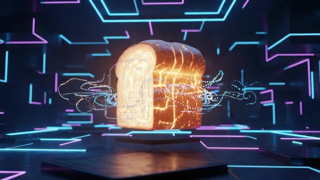 Animated bread slice with digital abstract background