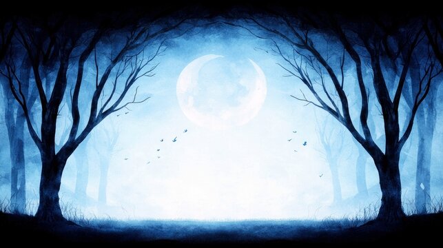 Silhouetted bare trees with intricate branches frame a large, luminous full moon in a hazy, blue-toned night sky. A flock of small birds flies in the distance,