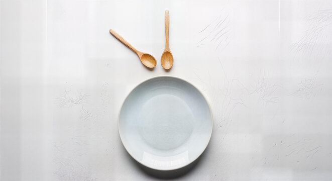 Empty white plate with elegant wooden spoons, ready for a delicious meal presentation or recipe showcase - Powered by Adobe