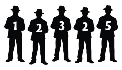 Silhouette men with numbers for counting and identification