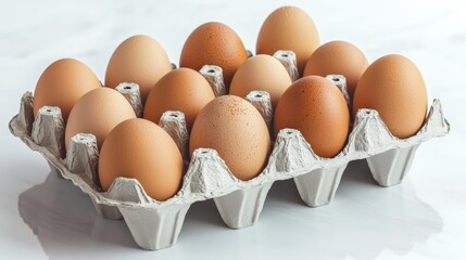 Egg carton with twelve chicken eggs on white background for grocery ads, packaging design, farm-fresh marketing, and cooking content