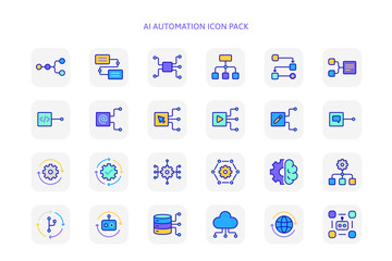 24 automation icons for AI engine system concept, data analysis, coding or programming workflow development, management flowchart. Artificial intelligence in minimalist vibrant colors icon set vector.
