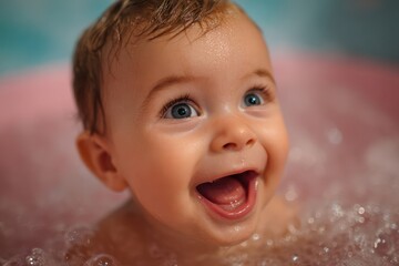 Happy Baby Enjoying Bath Time and Laughing in Bathtub