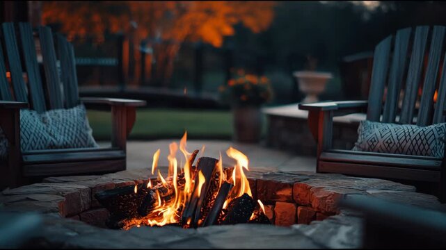 Outdoor Backyard Fire Pit with Chairs at Sunset
